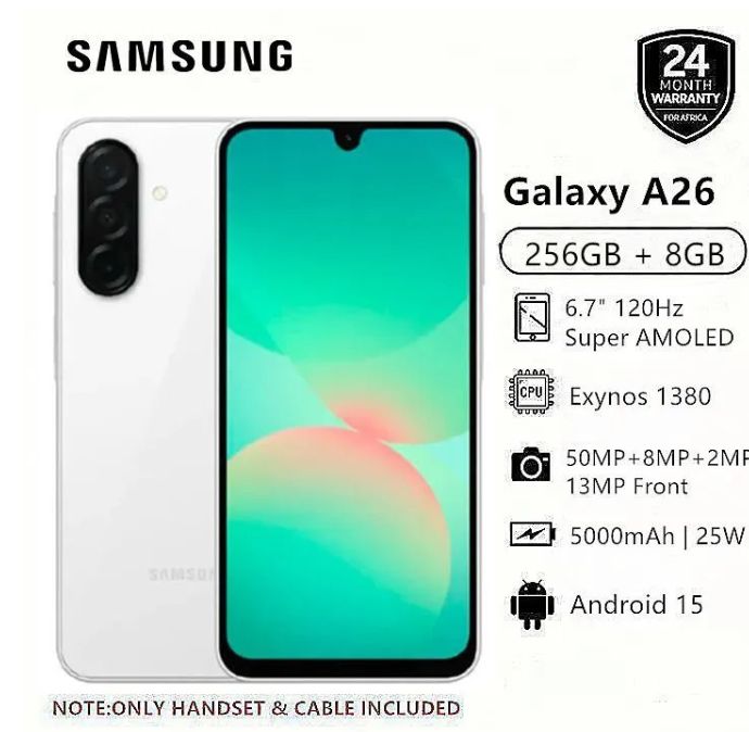 New Arrival Samsung Galaxy A26 5G 256GB+8GB 6.7" 120Hz Super AMOLED Display 50MP Triple Camera Android 15 Exynos 1380 IP67 Dust Water Resistant 5000mAh 25W Type-C Charge SmartPhones Mobile phone