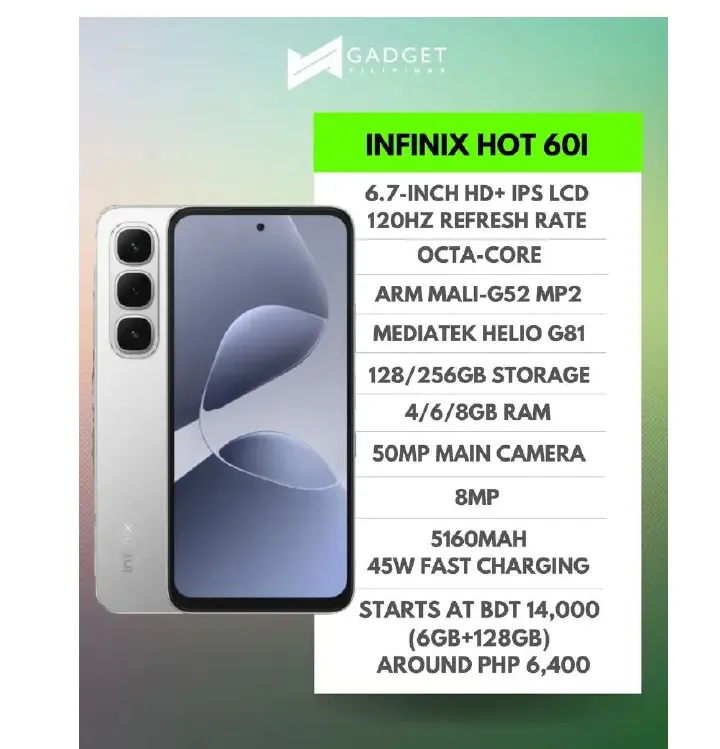 [New Arrival] Infinix Hot 60i 128GB+6GB 6.7" IPS LCD 120Hz Display 50MP Camera 5160mAh Battery 45W Fast Charging IP64 Dust/Water Resistant Dual SIM MTK Helio G81 Ultimate Bypass Charging AI Smartphone