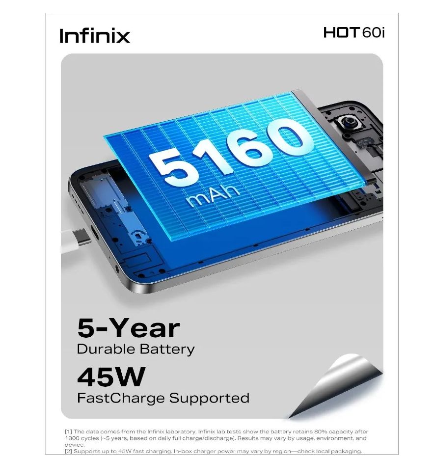 [New Arrival] Infinix Hot 60i 128GB+6GB 6.7" IPS LCD 120Hz Display 50MP Camera 5160mAh Battery 45W Fast Charging IP64 Dust/Water Resistant Dual SIM MTK Helio G81 Ultimate Bypass Charging AI Smartphone