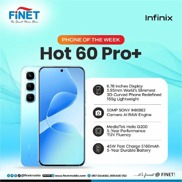 [New Arrival] Infinix Hot 60 Pro Plus 256GB+16(8+8)GB 6.78" 144Hz Curved AMOLED Display 50+13MP Camera 5160mAh Battery 45W Fast Charging Corning Gorilla Glass 7i IP65 Infinix Hot 60 Pro+ AI Smartphone