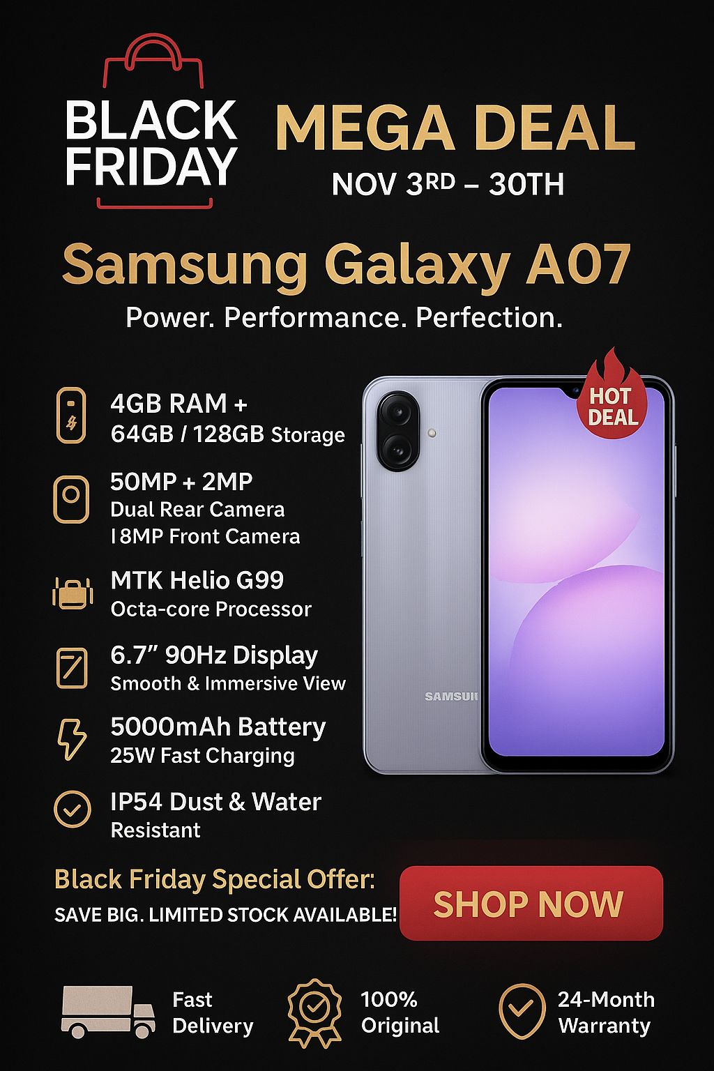 [Black Friday Deal] Samsung Galaxy A07 128GB+4GB 6.7" PLS LCD 90Hz Screen Display Dual SIM (50+2)MP+ 8MP Front Camera 5000mAh Battery 25W Charge IP54 Android 15(6 Years Updates) AI Smartphones A06