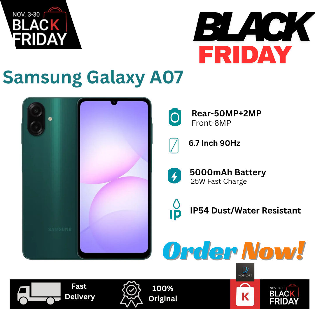 [Black Friday Deal] Samsung Galaxy A07 128GB+4GB 6.7" PLS LCD 90Hz Screen Display Dual SIM (50+2)MP+ 8MP Front Camera 5000mAh Battery 25W Charge IP54 Android 15(6 Years Updates) AI Smartphones A06