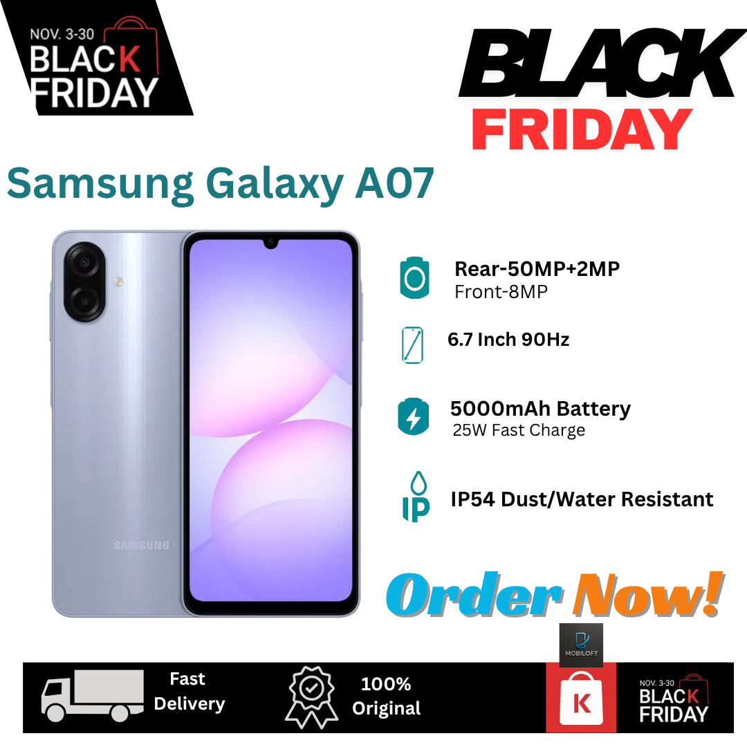 [Black Friday Deal] Samsung Galaxy A07 128GB+4GB 6.7" PLS LCD 90Hz Screen Display Dual SIM (50+2)MP+ 8MP Front Camera 5000mAh Battery 25W Charge IP54 Android 15(6 Years Updates) AI Smartphones A06