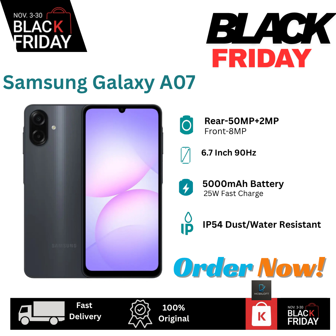 [Black Friday Deal] Samsung Galaxy A07 128GB+4GB 6.7" PLS LCD 90Hz Screen Display Dual SIM (50+2)MP+ 8MP Front Camera 5000mAh Battery 25W Charge IP54 Android 15(6 Years Updates) AI Smartphones A06