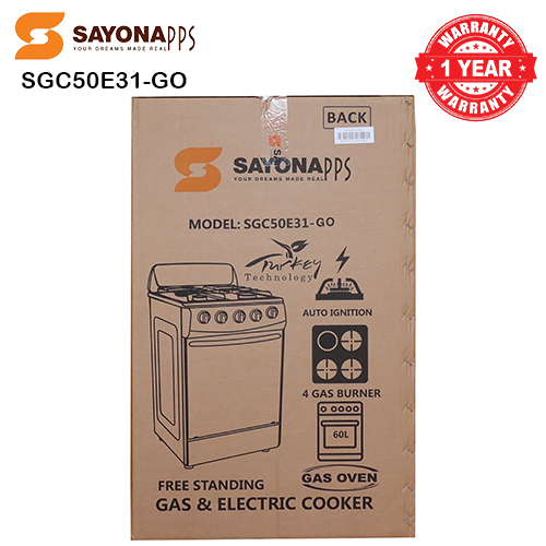 New Arrival Sayona SGC 50E31-GO Free Standing Gas Cooker, 50*55 Size with Gas oven 3 gas burners and 1 electric plate Standing Gas Cookers