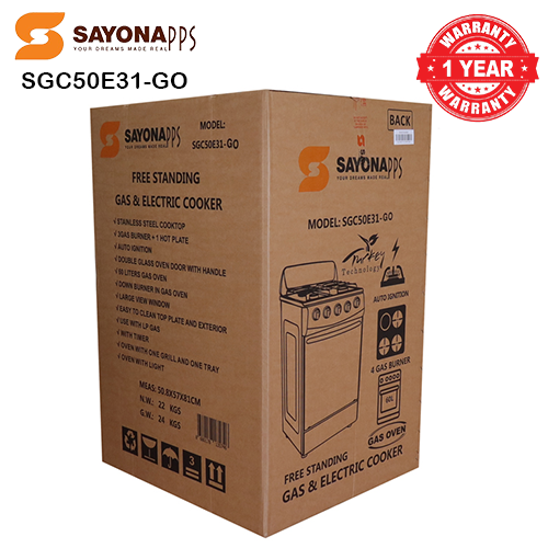 New Arrival Sayona SGC 50E31-GO Free Standing Gas Cooker, 50*55 Size with Gas oven 3 gas burners and 1 electric plate Standing Gas Cookers