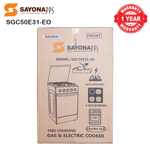 New Arrival Sayona SGC 50E31-EO Free Standing Gas Cooker, 50*55 Size with Electric oven 3 gas burners and 1 electric plate Standing Gas Cookers