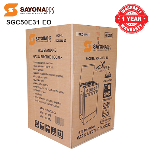 New Arrival Sayona SGC 50E31-EO Free Standing Gas Cooker, 50*55 Size with Electric oven 3 gas burners and 1 electric plate Standing Gas Cookers