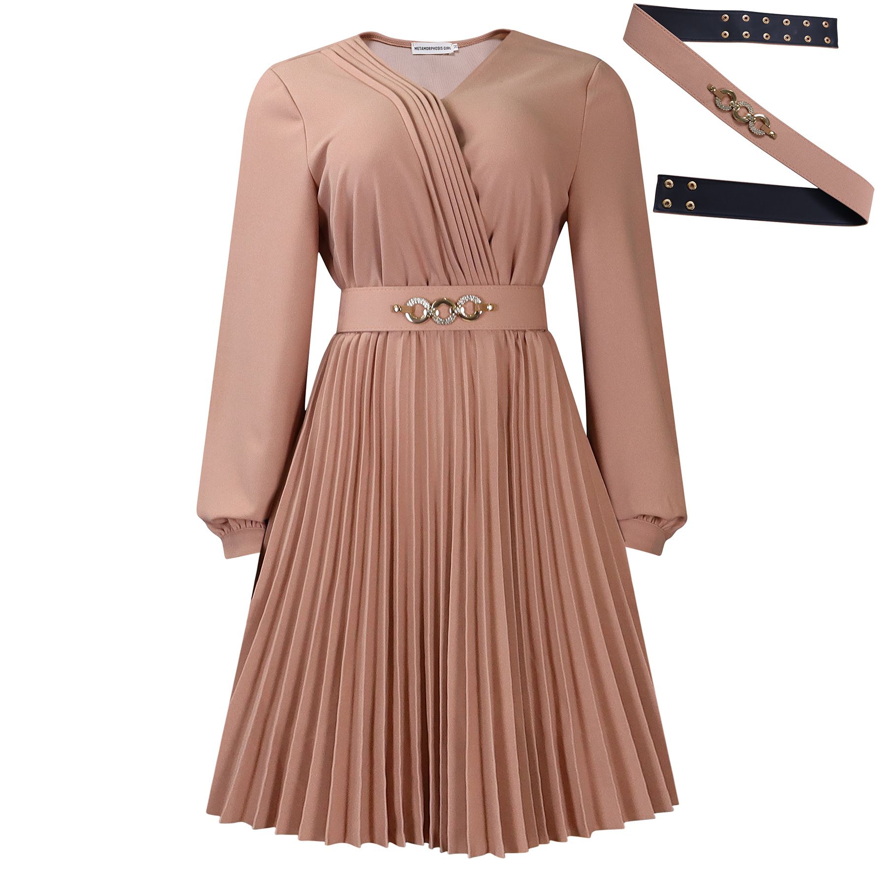 New V-neck, stylish, elegant, solid-color, pleated, plus-size dress