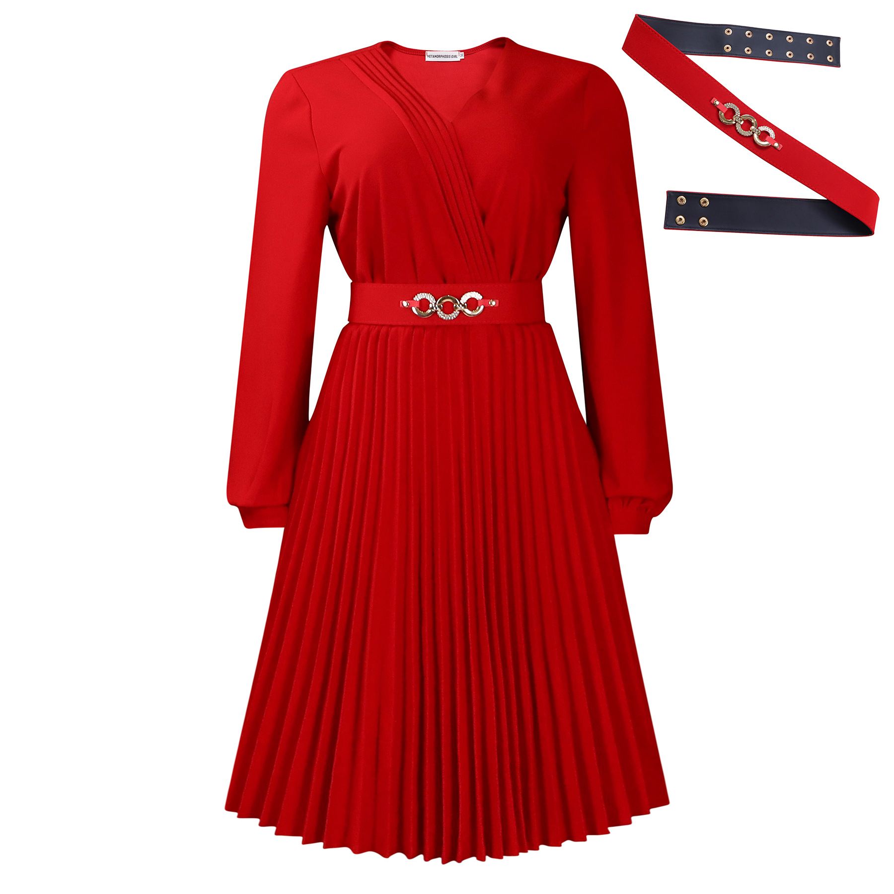 New V-neck, stylish, elegant, solid-color, pleated, plus-size dress