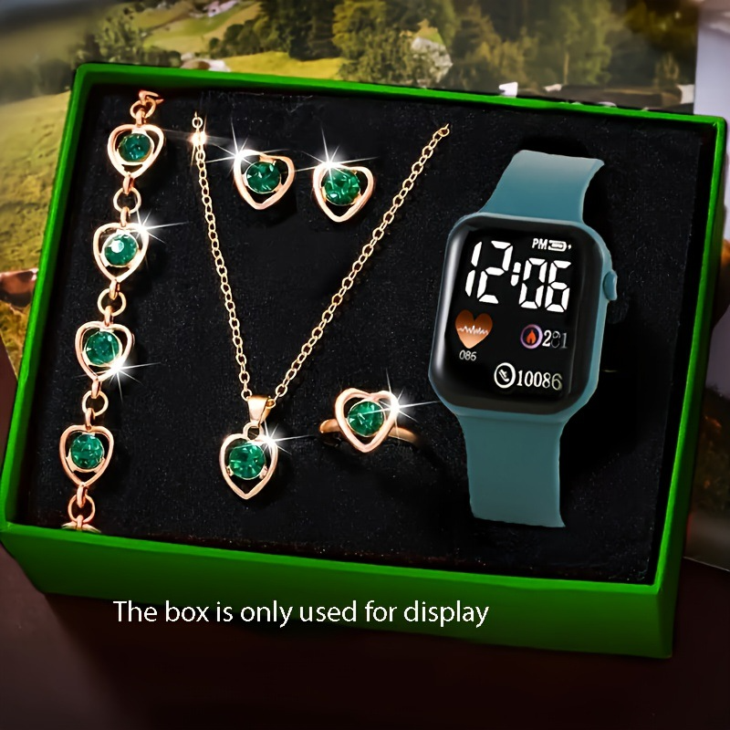 New Arrival Women's Minimalist Square LED Watch with Necklace Earrings Ring Set