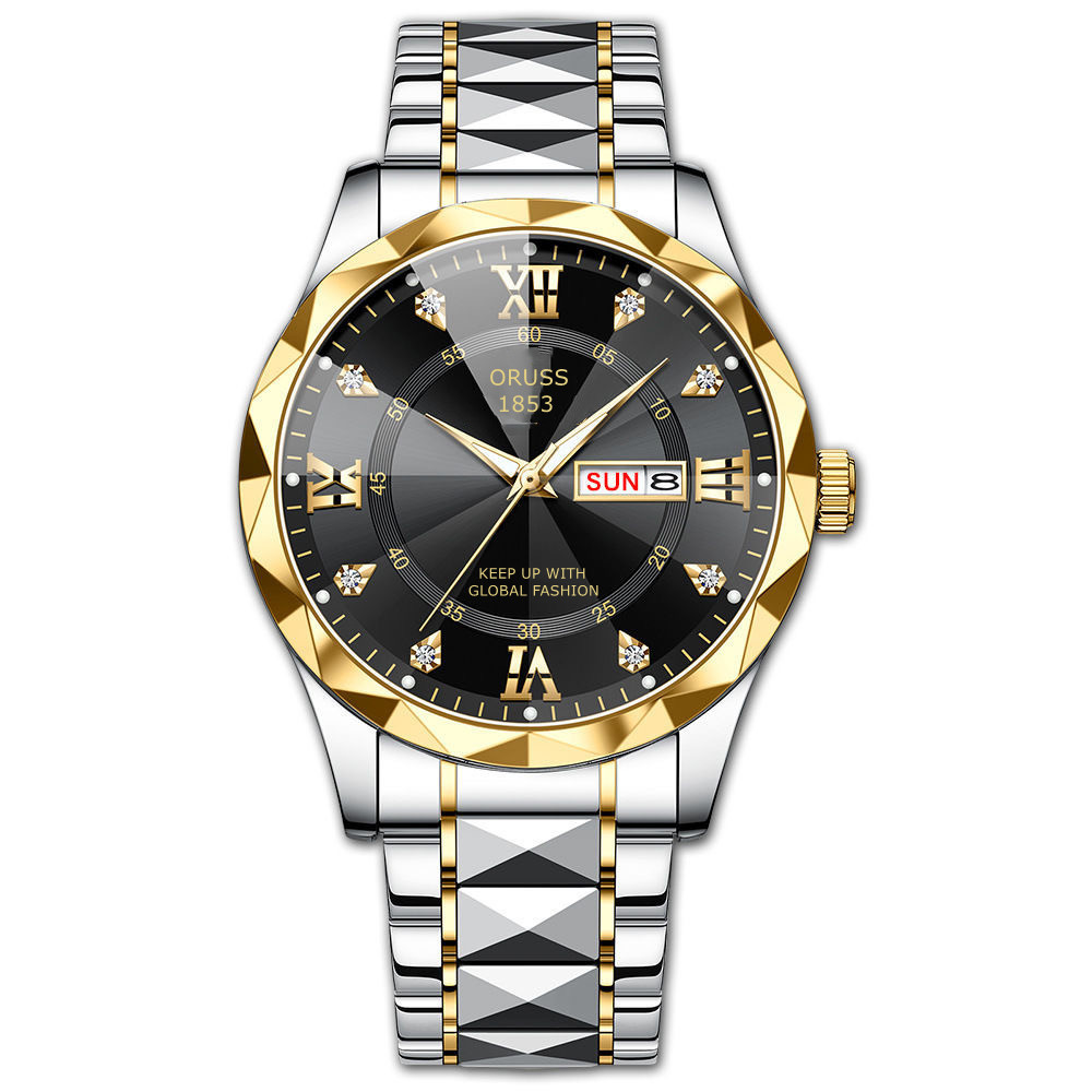 ORUSS Men's Luxury Watch Black Dial Roman Numerals Diamond Two-Tone Gold Silver Stainless Steel Band Luminous Waterproof Week Date Business Wristwatch Quartz Watches Men watche