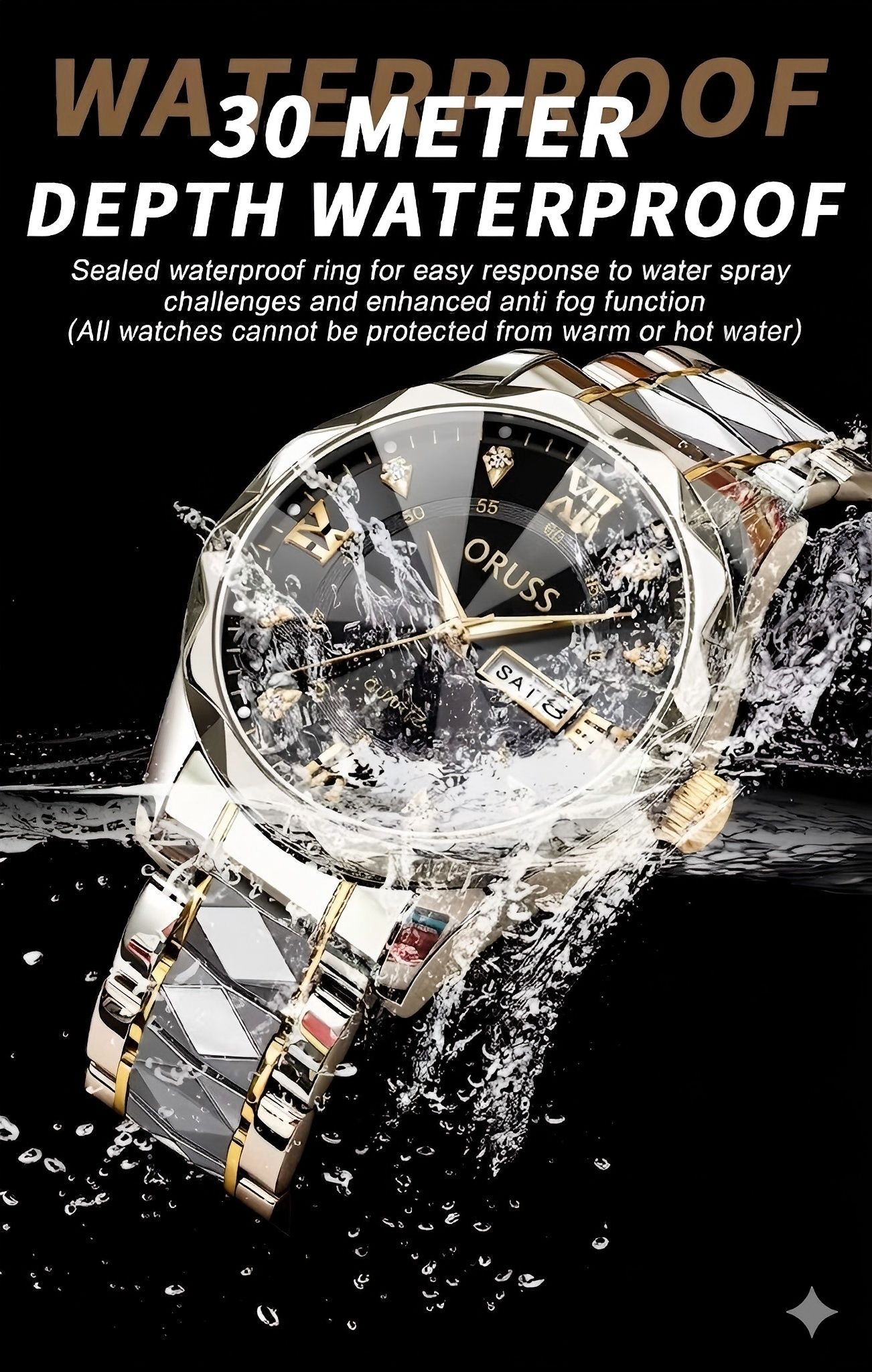 ORUSS Men's Luxury Watch Black Dial Roman Numerals Diamond Two-Tone Gold Silver Stainless Steel Band Luminous Waterproof Week Date Business Wristwatch Quartz Watches Men watche