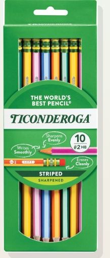 Ticonderoga X13910 Striped Wood-Cased Pencils, 2 HB Soft, Pre-Sharpened – 10 Count, Assorted Colors