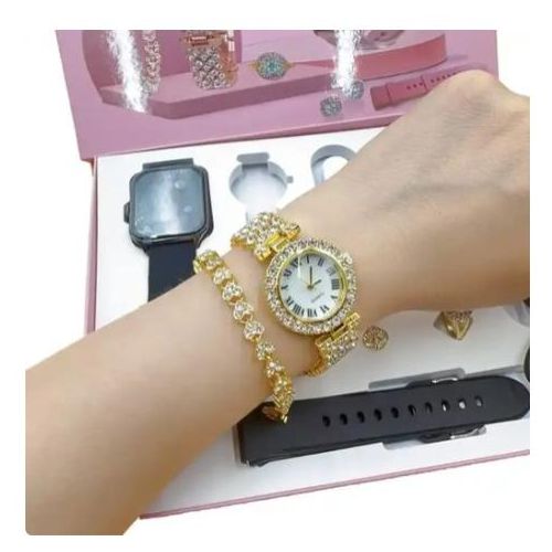 Smart Watch A58 Series Supports Bluetooth Call Wireless Charging Comes with Small Gold Watch Set Gift Box, Necklace, Earrings, Bracelet, Ring, Watch, Smartwatch for Valentines/birthday suprises/gifts
