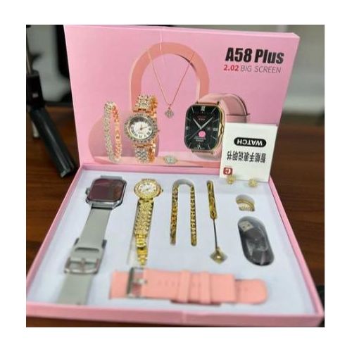 Smart Watch A58 Series Supports Bluetooth Call Wireless Charging Comes with Small Gold Watch Set Gift Box, Necklace, Earrings, Bracelet, Ring, Watch, Smartwatch for Valentines/birthday suprises/gifts
