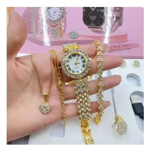 Smart Watch A58 Series Supports Bluetooth Call Wireless Charging Comes with Small Gold Watch Set Gift Box, Necklace, Earrings, Bracelet, Ring, Watch, Smartwatch for Valentines/birthday suprises/gifts