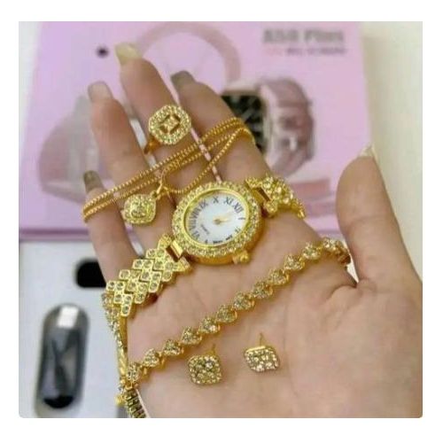 Smart Watch A58 Series Supports Bluetooth Call Wireless Charging Comes with Small Gold Watch Set Gift Box, Necklace, Earrings, Bracelet, Ring, Watch, Smartwatch for Valentines/birthday suprises/gifts