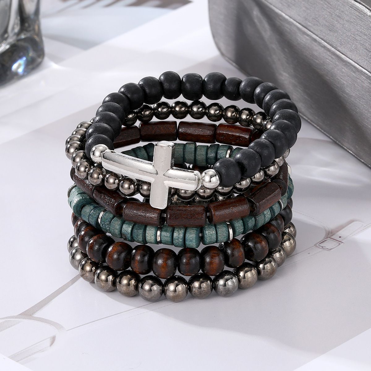 Vintage Coconut Shell Cross Beaded Bracelet, Fashionable Multi Layer Elastic 6-Piece Set Bracelet
