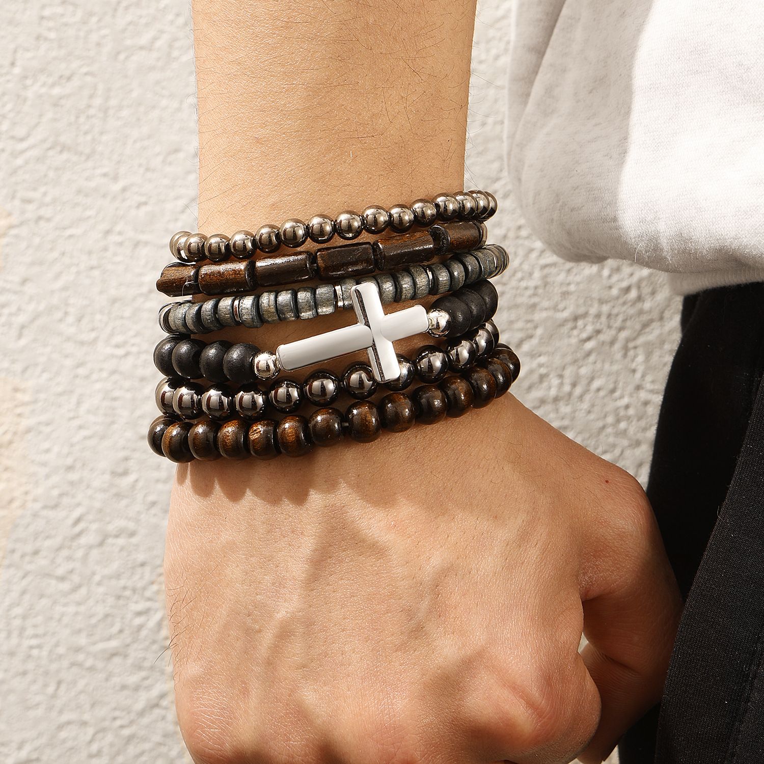 Vintage Coconut Shell Cross Beaded Bracelet, Fashionable Multi Layer Elastic 6-Piece Set Bracelet