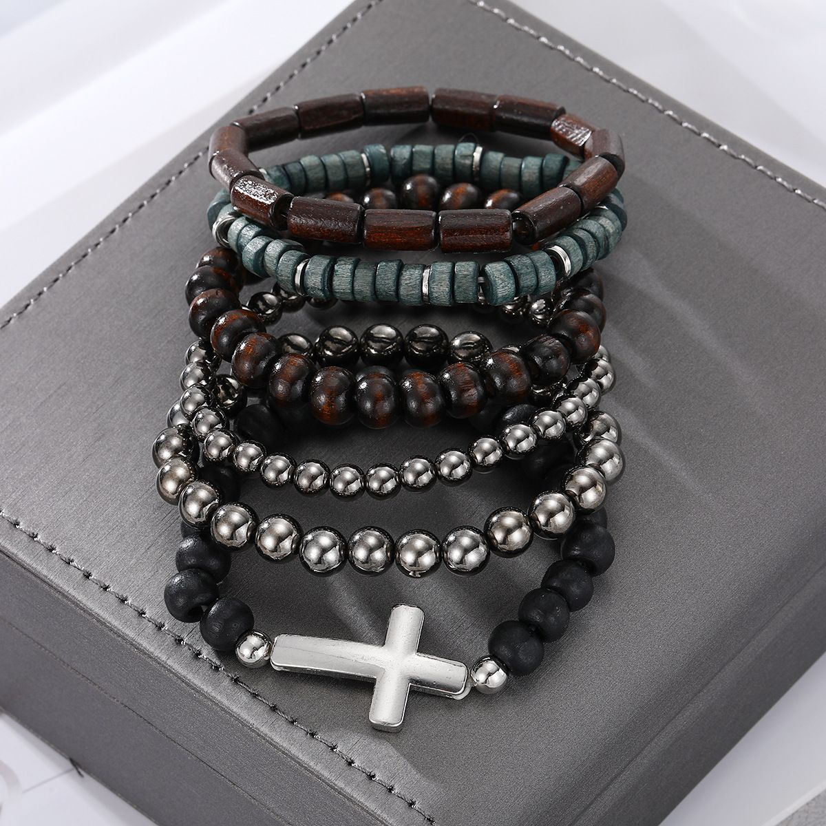 Vintage Coconut Shell Cross Beaded Bracelet, Fashionable Multi Layer Elastic 6-Piece Set Bracelet