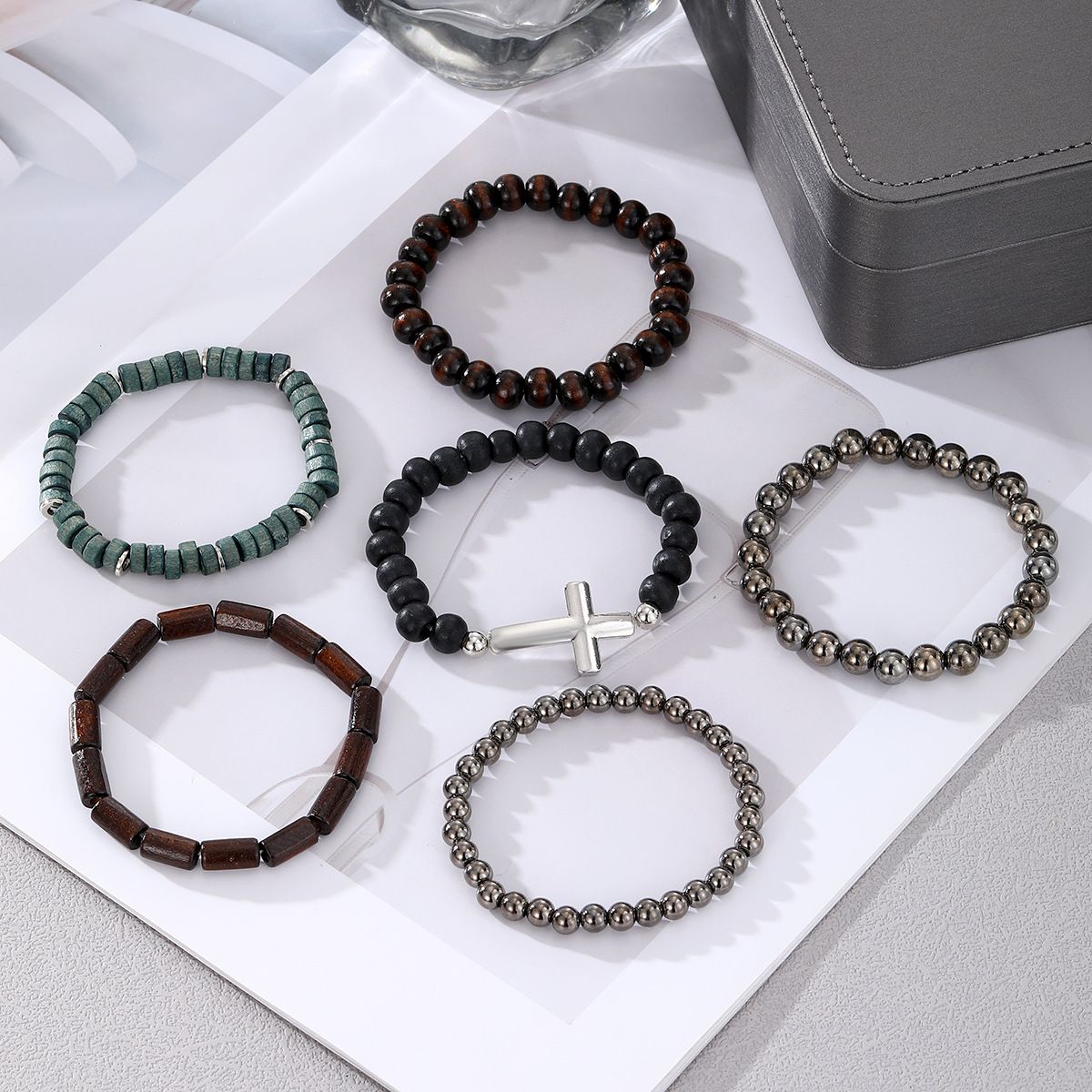 Vintage Coconut Shell Cross Beaded Bracelet, Fashionable Multi Layer Elastic 6-Piece Set Bracelet