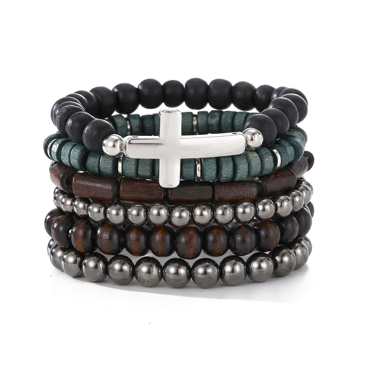 Vintage Coconut Shell Cross Beaded Bracelet, Fashionable Multi Layer Elastic 6-Piece Set Bracelet