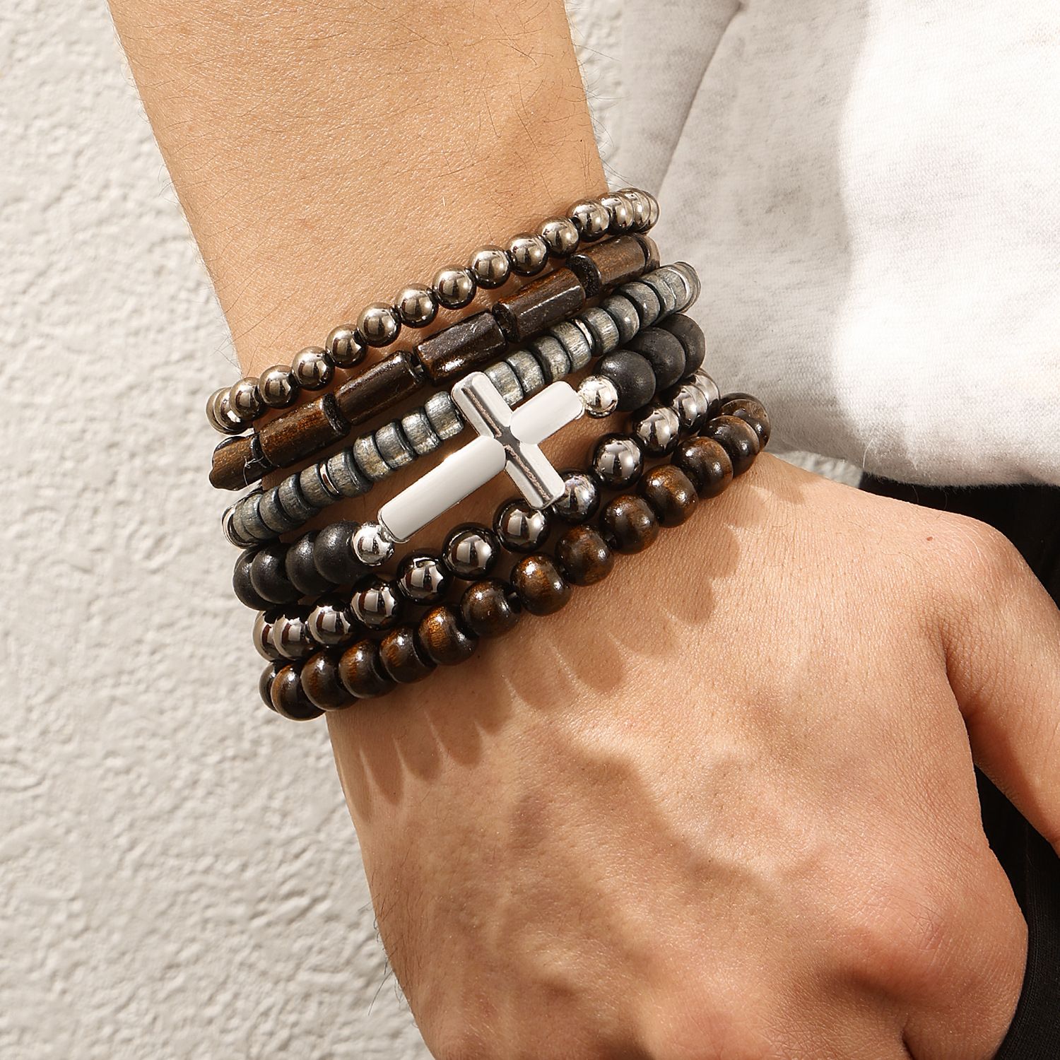 Vintage Coconut Shell Cross Beaded Bracelet, Fashionable Multi Layer Elastic 6-Piece Set Bracelet