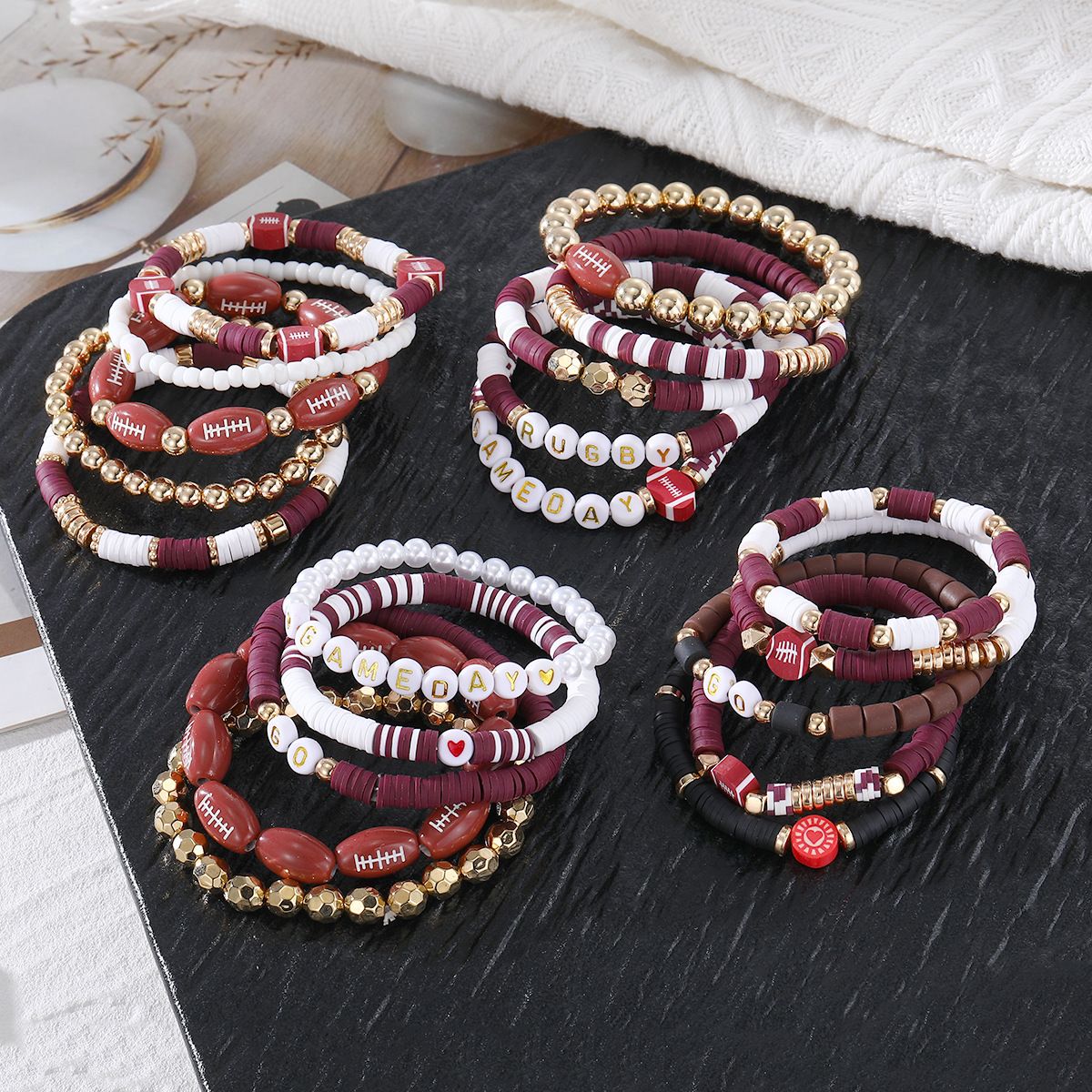 Rugby Set Bracelet, Personalized Letter Bead, Niche Multi-Layer Stacked Soft Ceramic Bracelet