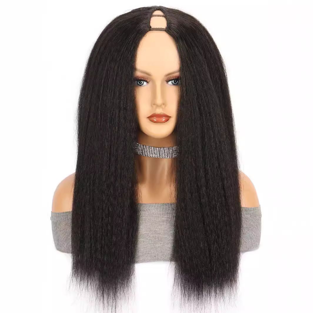 Wig Women's U Part Wig Synthetic Headset Black Long Straight Yaki Wig