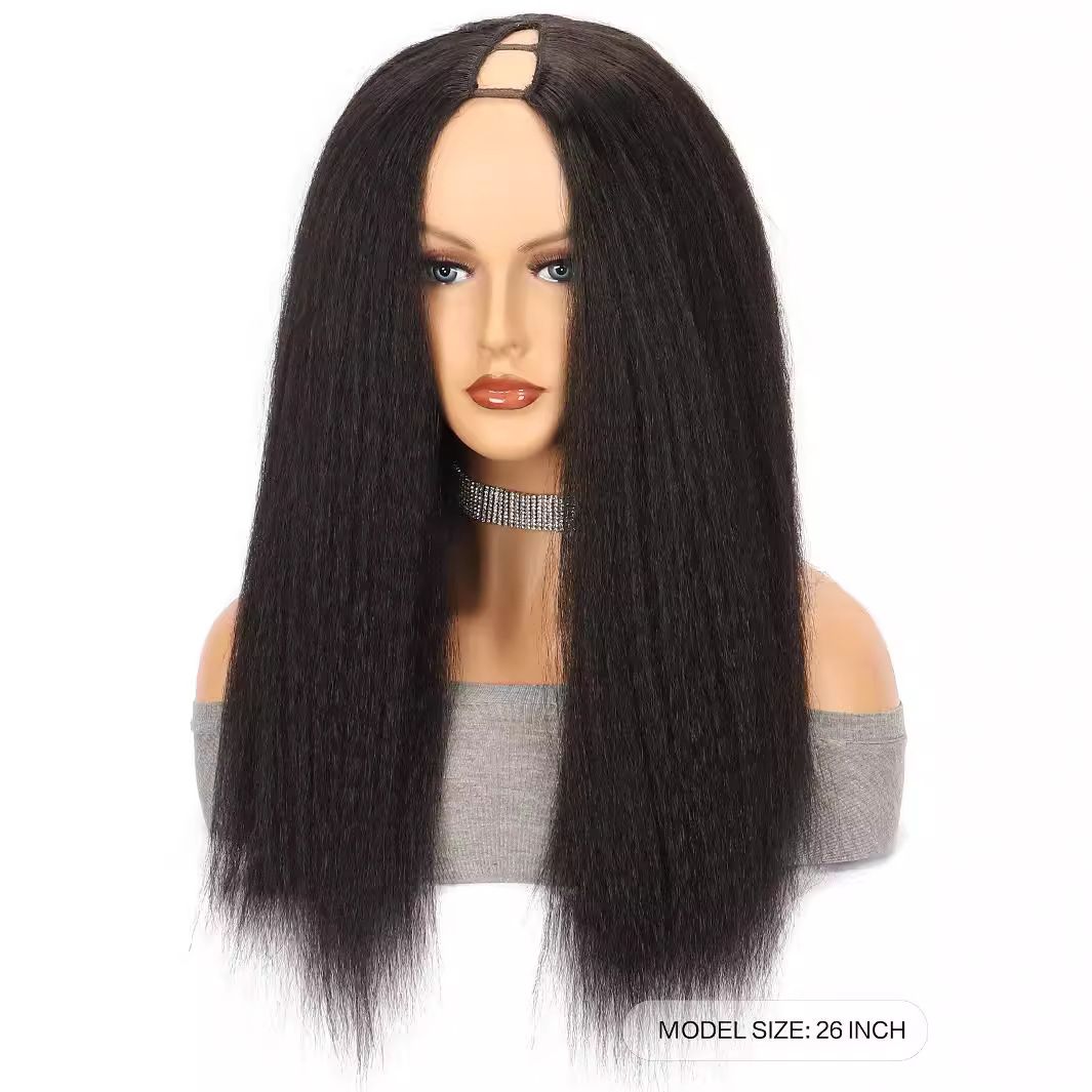 Wig Women's U Part Wig Synthetic Headset Black Long Straight Yaki Wig
