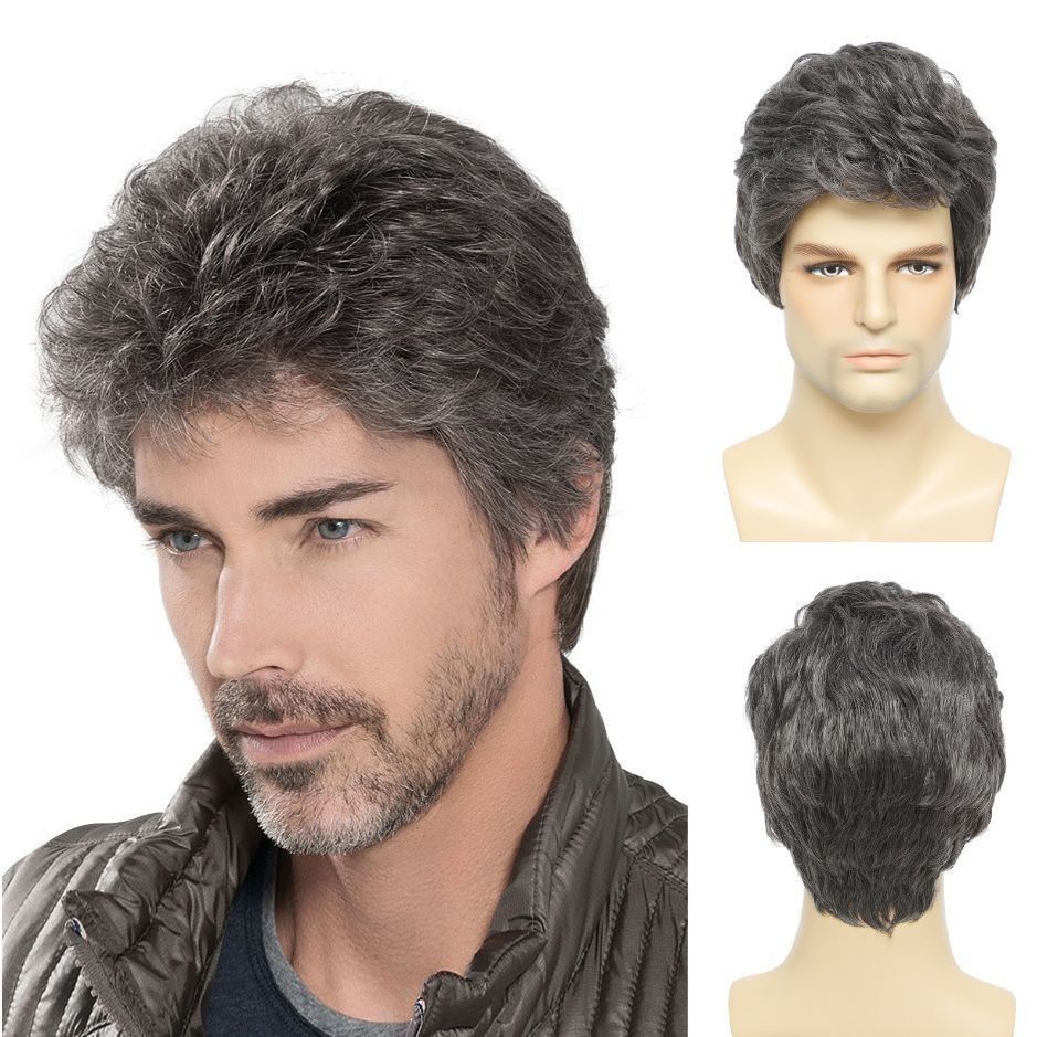 Men's Wig Gray Layered Natural Wig Headband High Temperature Silk Wig