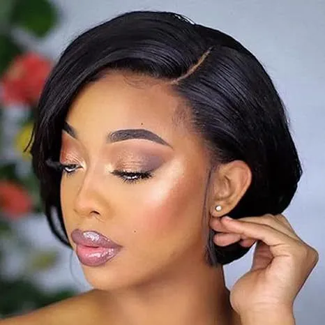 Wig Women's Lace Headband Black Slightly Split Short Straight Hair Pixie Cut Lace Human Hair