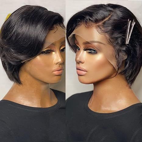 Wig Women's Lace Headband Black Slightly Split Short Straight Hair Pixie Cut Lace Human Hair