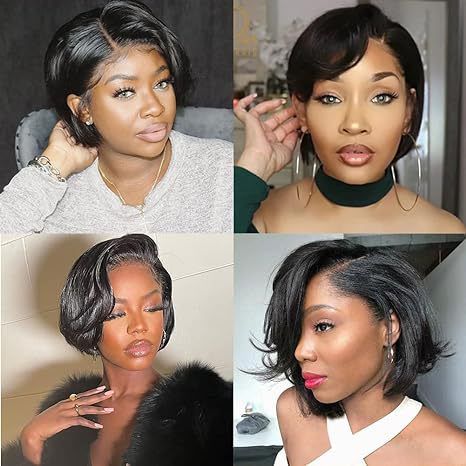 Wig Women's Lace Headband Black Slightly Split Short Straight Hair Pixie Cut Lace Human Hair