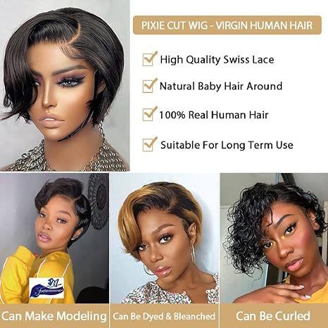 Wig Women's Lace Headband Black Slightly Split Short Straight Hair Pixie Cut Lace Human Hair