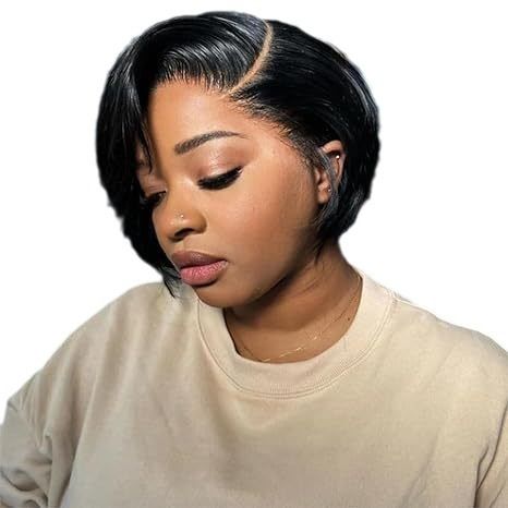 Wig Women's Lace Headband Black Slightly Split Short Straight Hair Pixie Cut Lace Human Hair