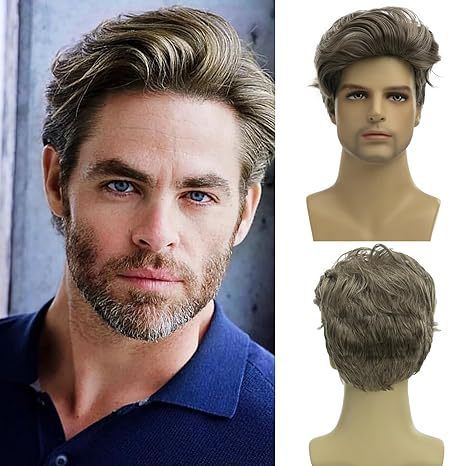 Wig Men's Fashionable Diagonal Bangs Short Straight Hair Gray Gold Headband