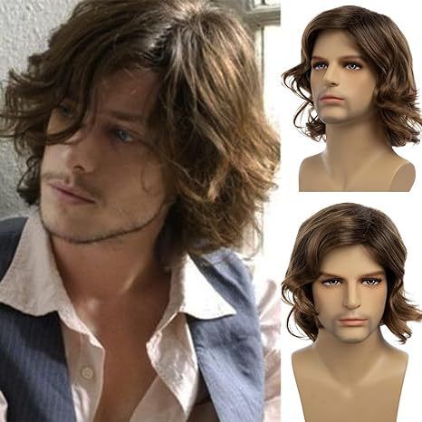 Men's Wig Brown With Short Curly Hair And Antique Style Wig Headband