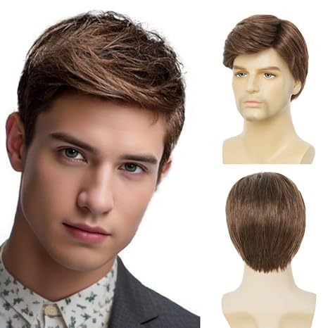Men's Fashion Temperament Short Hair Brown Partial Split Short Straight Hair High Temperature Silk Synthetic Headband Wig