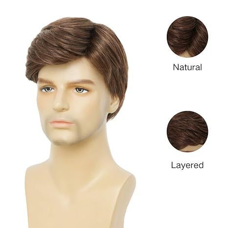 Men's Fashion Temperament Short Hair Brown Partial Split Short Straight Hair High Temperature Silk Synthetic Headband Wig