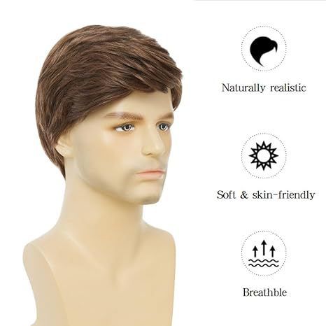 Men's Fashion Temperament Short Hair Brown Partial Split Short Straight Hair High Temperature Silk Synthetic Headband Wig