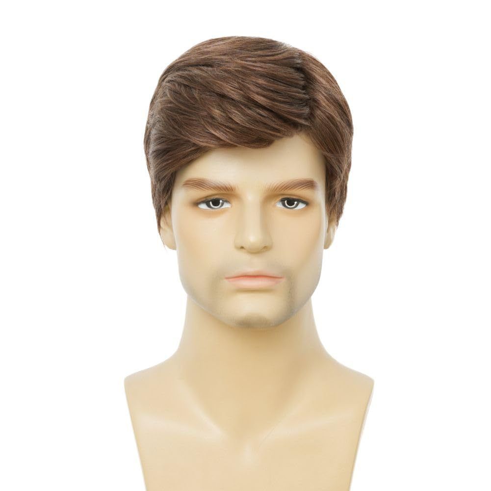 Men's Fashion Temperament Short Hair Brown Partial Split Short Straight Hair High Temperature Silk Synthetic Headband Wig