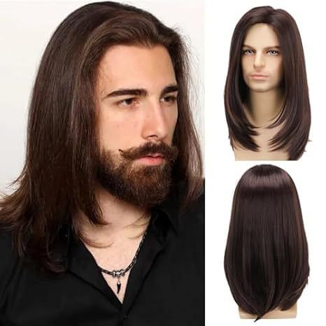 Wig Men's Brown Medium Long Straight Synthetic Headband Brown Highlight Dye Wig