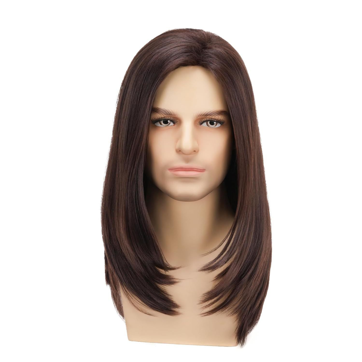 Wig Men's Brown Medium Long Straight Synthetic Headband Brown Highlight Dye Wig