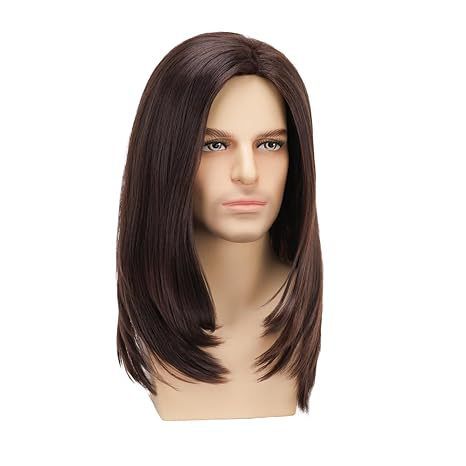 Wig Men's Brown Medium Long Straight Synthetic Headband Brown Highlight Dye Wig