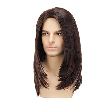 Wig Men's Brown Medium Long Straight Synthetic Headband Brown Highlight Dye Wig