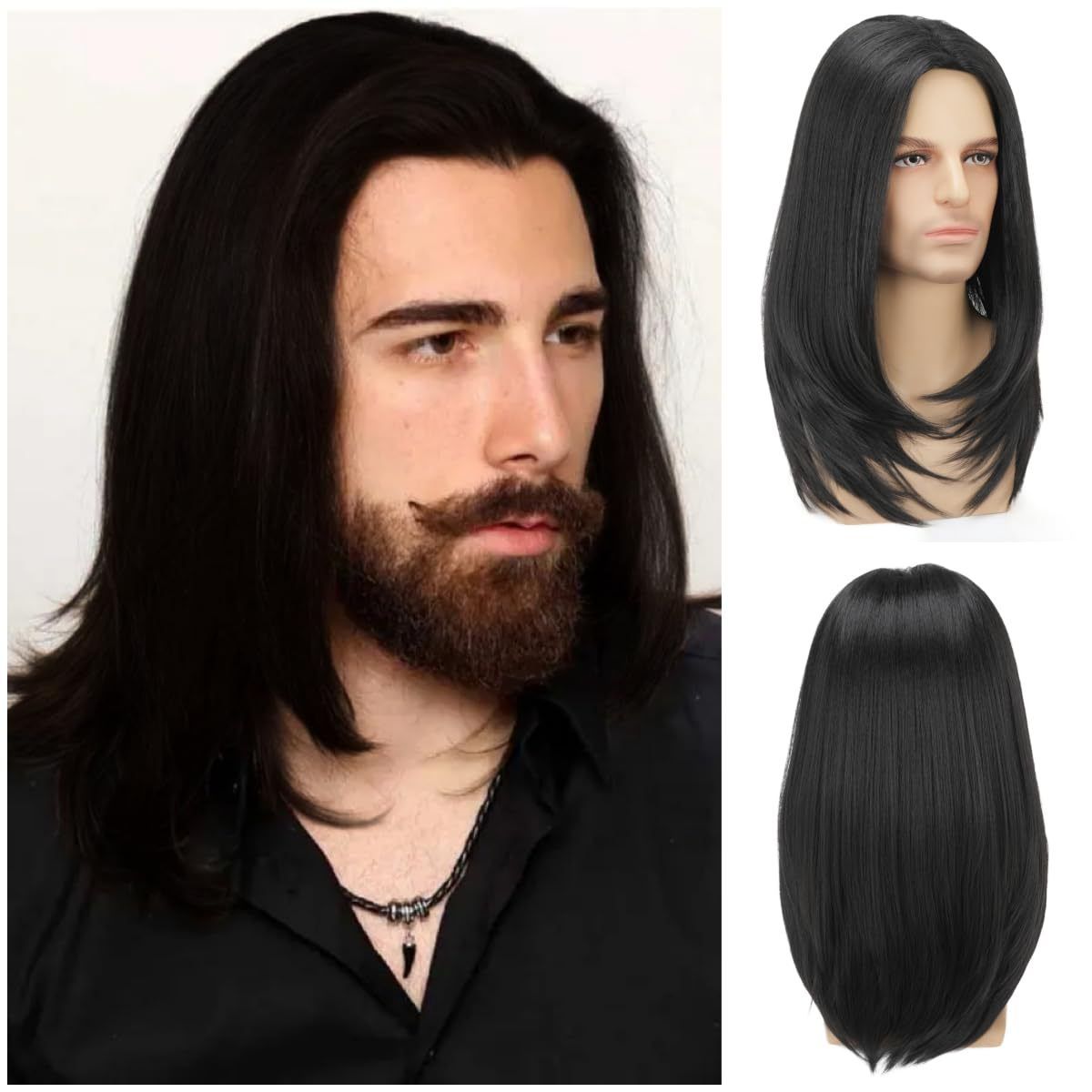 Wig Men's Brown Medium Long Straight Synthetic Headband Brown Highlight Dye Wig