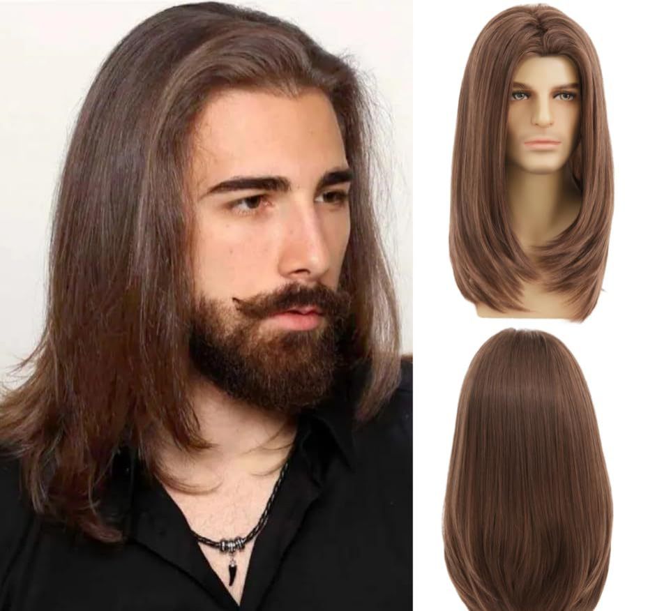 Wig Men's Brown Medium Long Straight Synthetic Headband Brown Highlight Dye Wig
