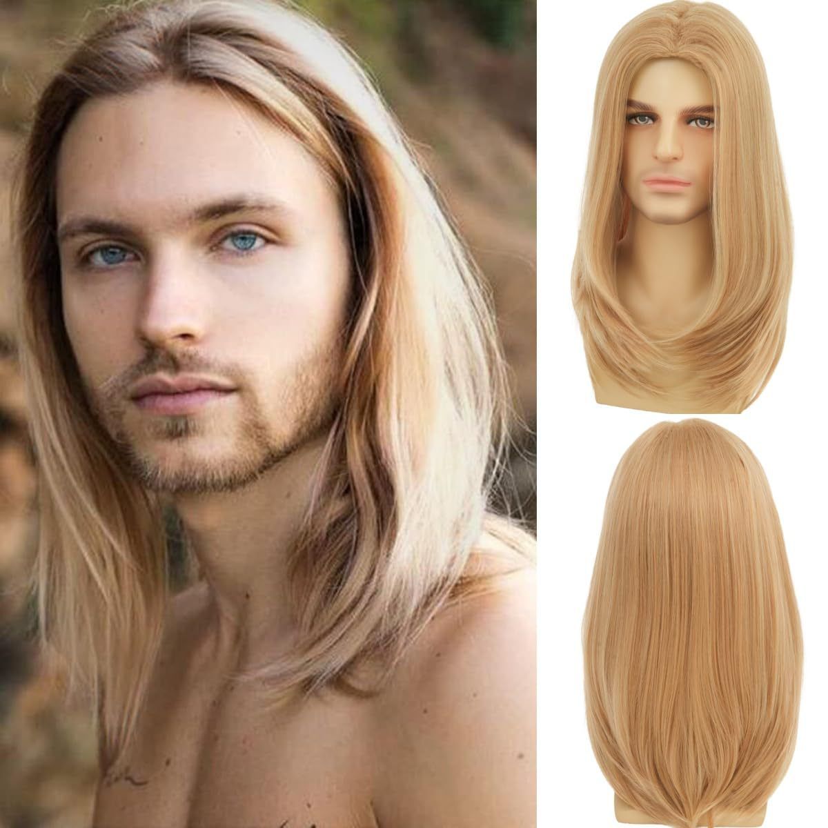 Wig Men's Brown Medium Long Straight Synthetic Headband Brown Highlight Dye Wig